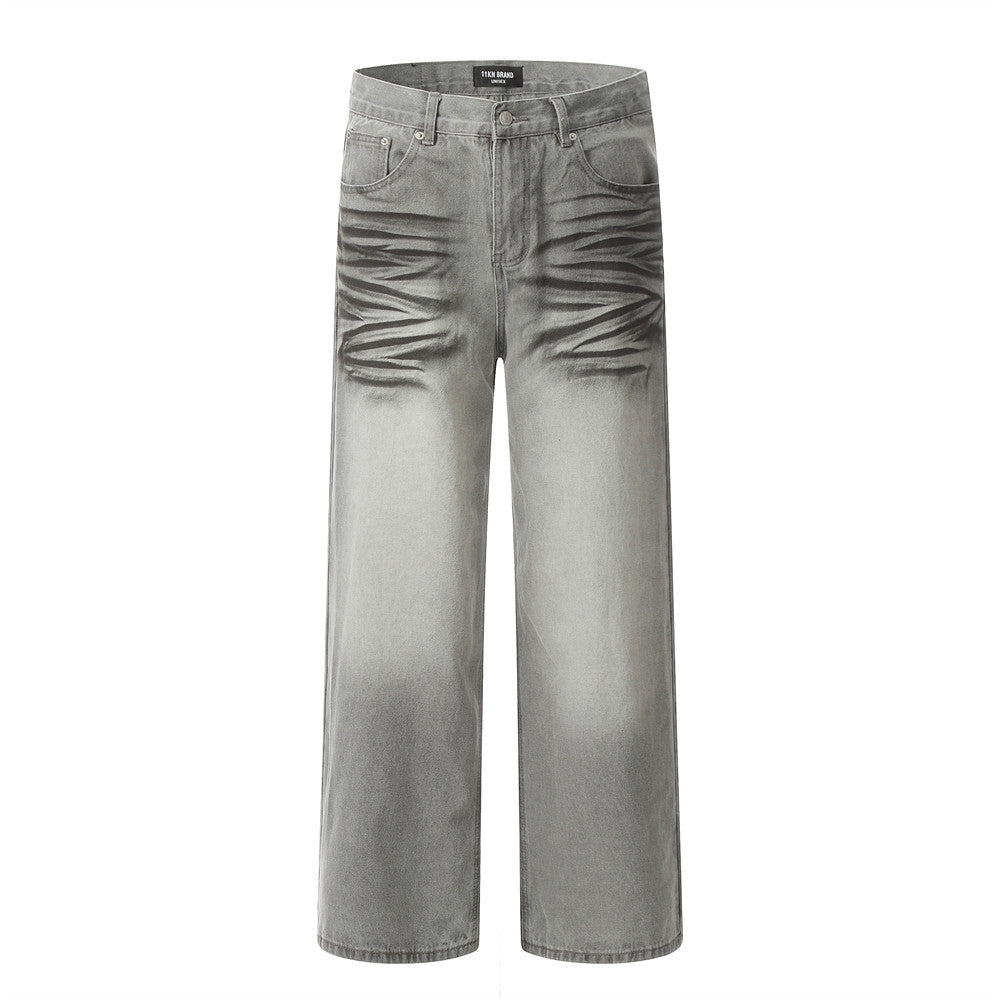 Punk Waste Dirty Denim Straight Leg Jeans Gray PinkLimes Trending Streetwear