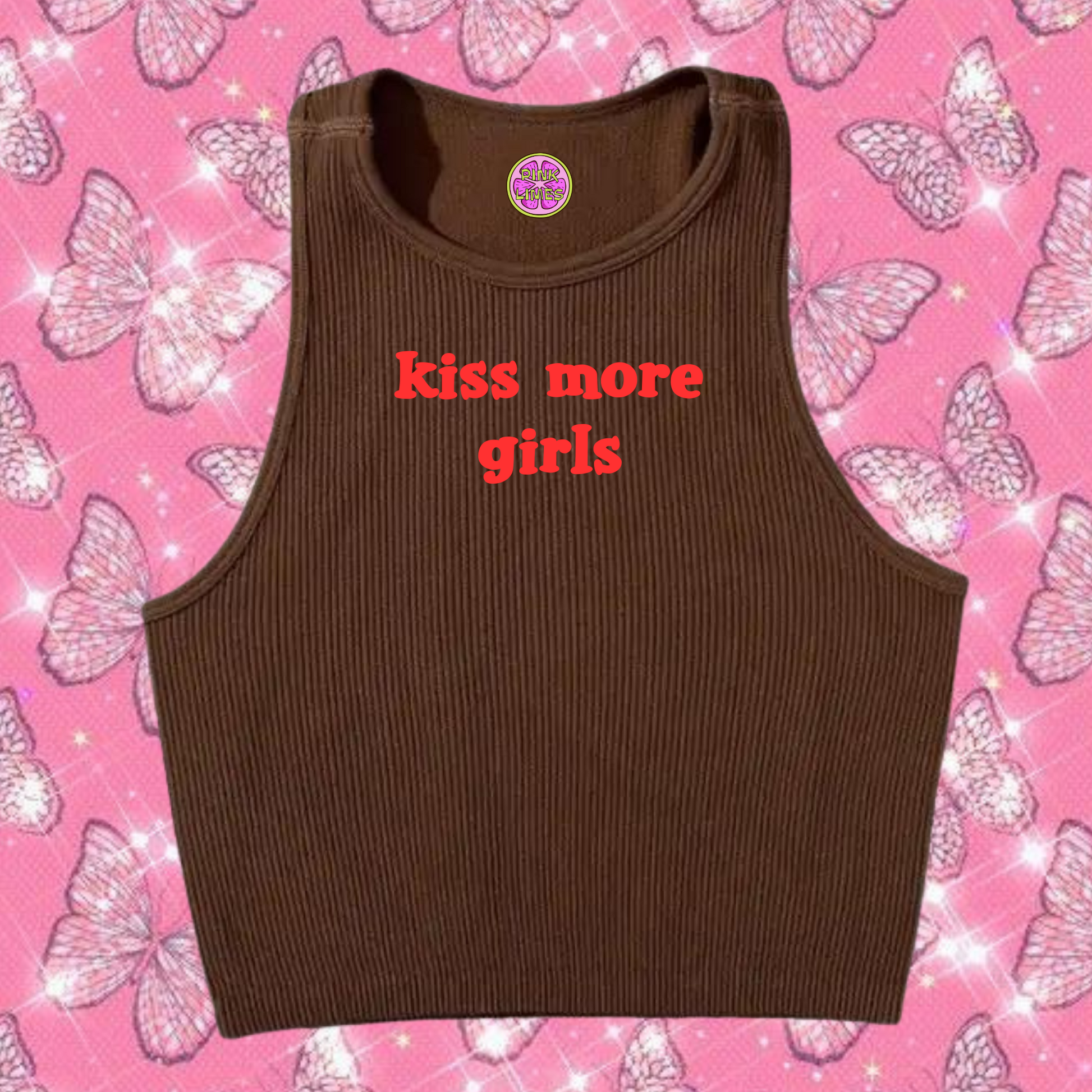 Kiss More Girls Crop Tank Top Brown