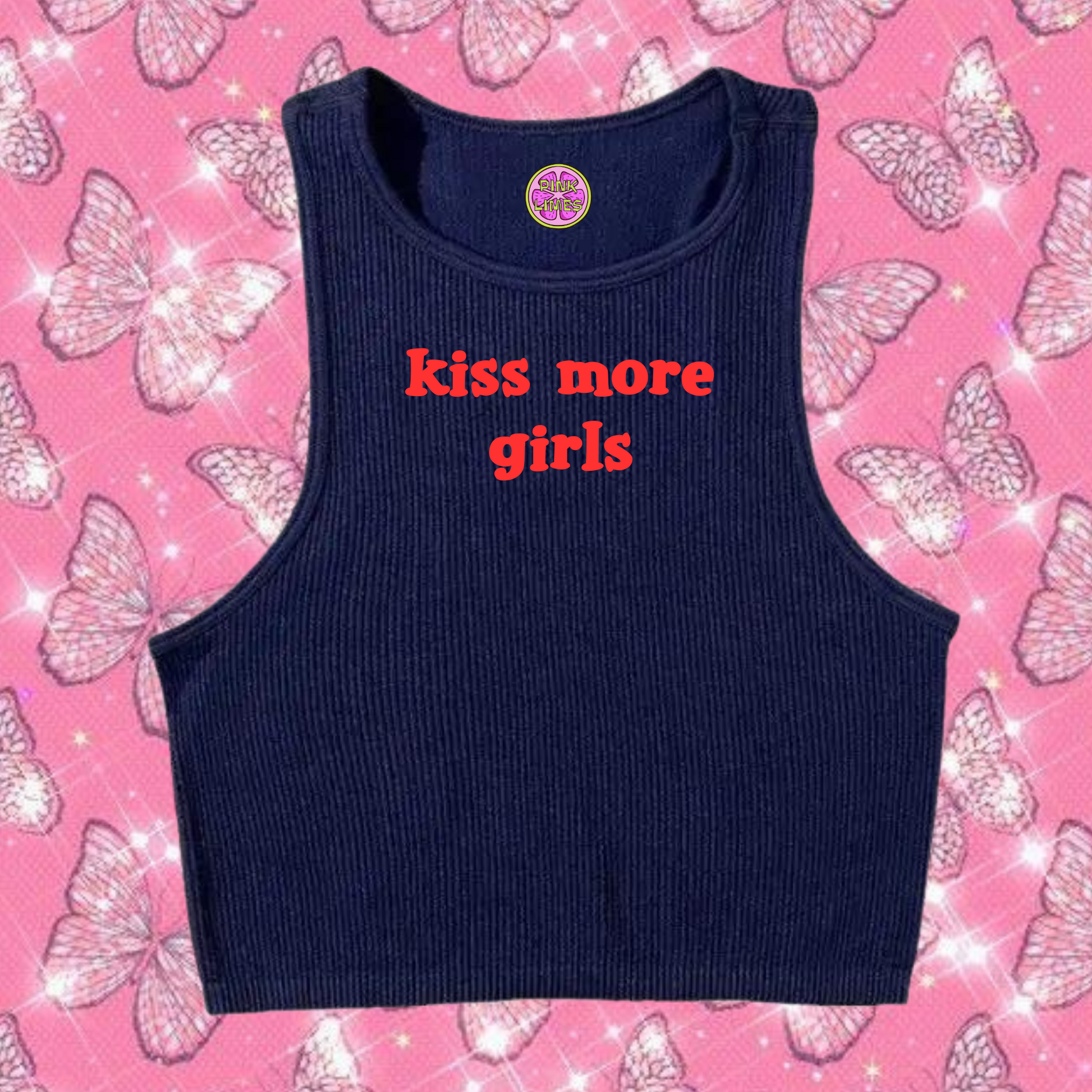 Kiss More Girls Crop Tank Top Dark Blue