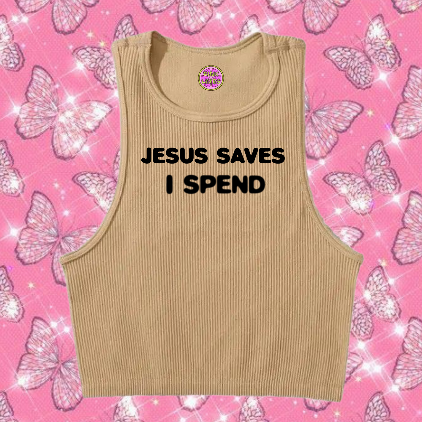 Jesus Saves I Spend Crop Tank Top Khaki