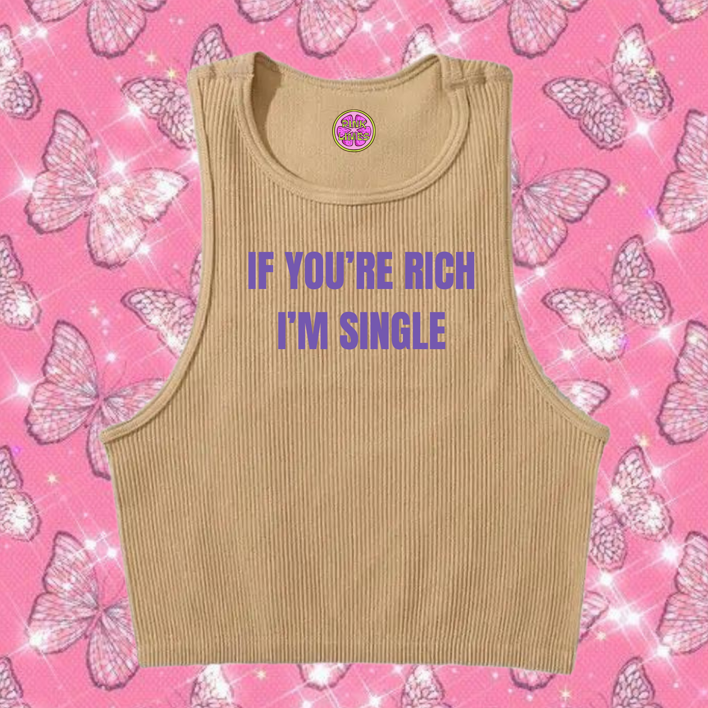 If You're Rich I'm Single Crop Tank Top Khaki