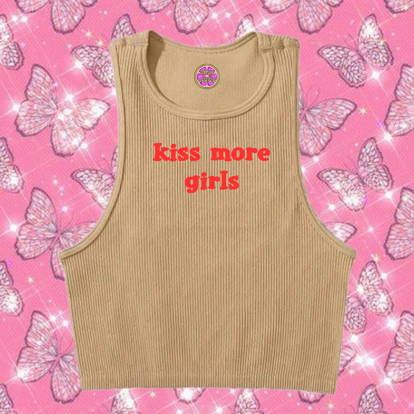 Kiss More Girls Crop Tank Top Khaki