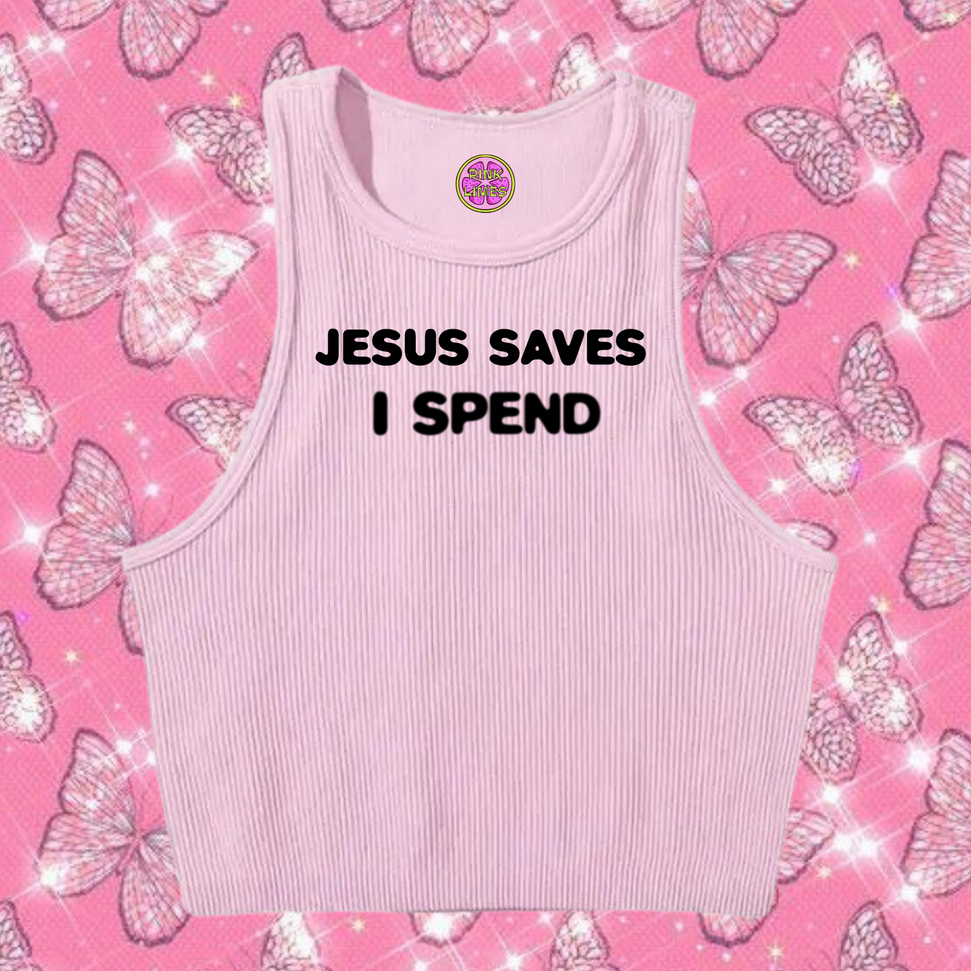 Jesus Saves I Spend Crop Tank Top Light Purple