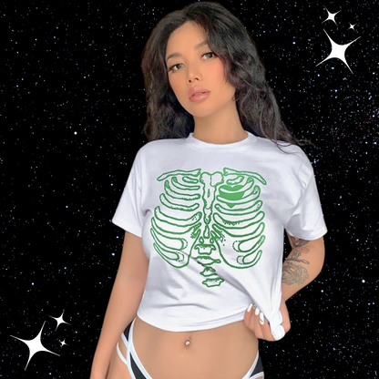 Skeleton Print Crop Tee White (Green Print)