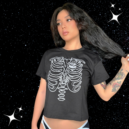 Skeleton Print Crop Tee Black