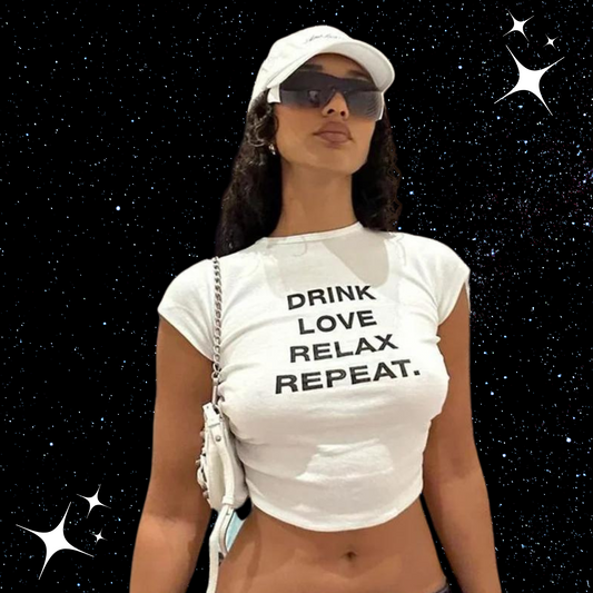 Drink Love Relax Repeat White Crop Tee