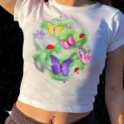 Butterfly Mushroom Print Crop Tee