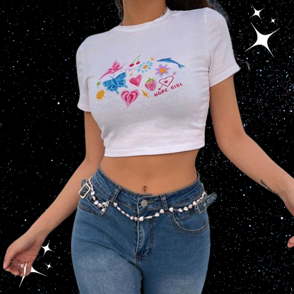 y2k Print White Crop Tee