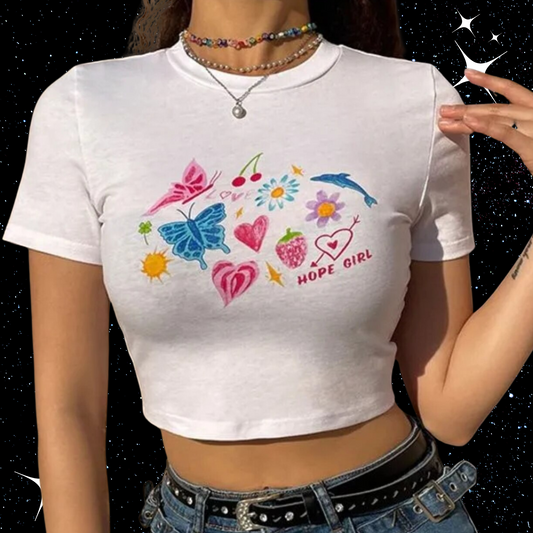 y2k Print White Crop Tee