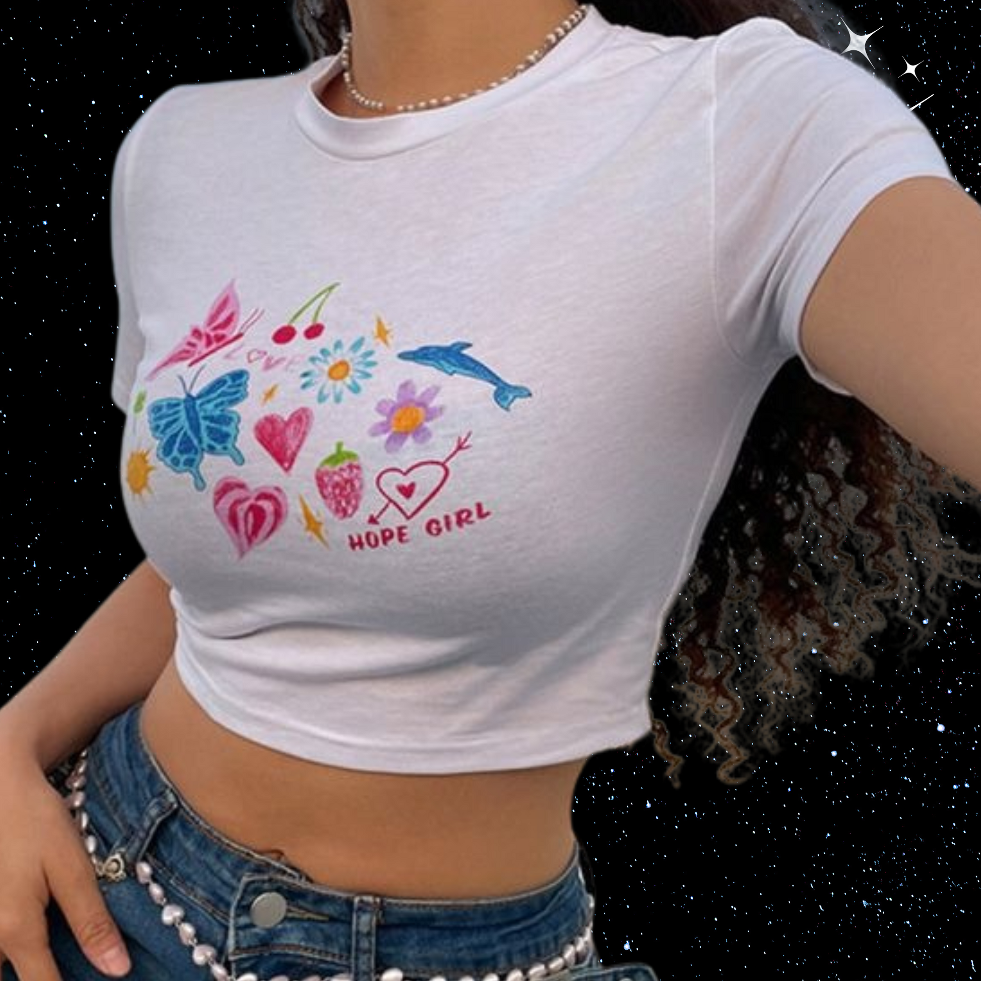 y2k Print White Crop Tee