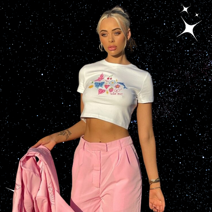 y2k Print White Crop Tee