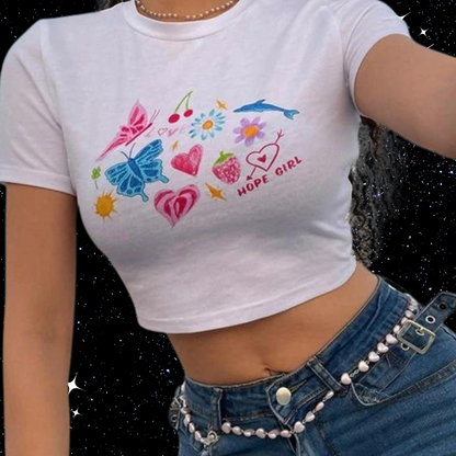 y2k Print Crop Tee White