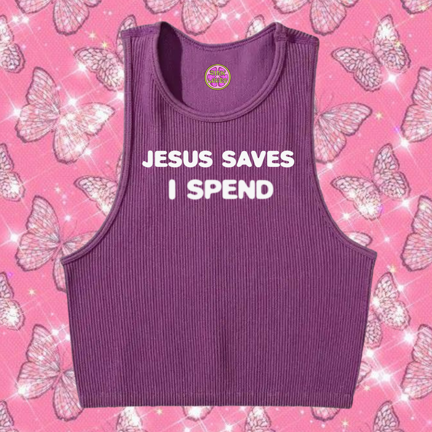 Jesus Saves I Spend Crop Tank Top Purple