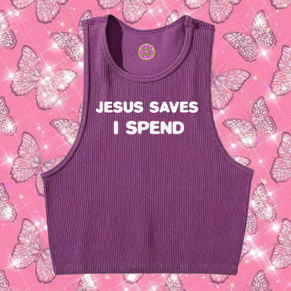 Jesus Saves I Spend Crop Tank Top Purple