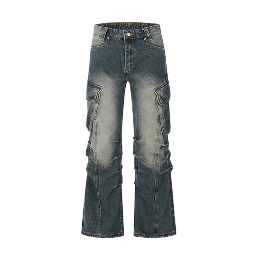 Pleated Washed Blue Denim Cargo Jeans